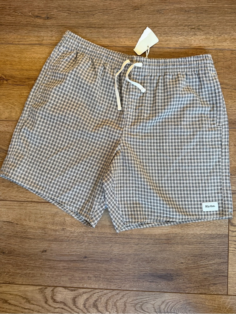 Rhythm. Men's Beige and Black Checked Flat Front Shorts